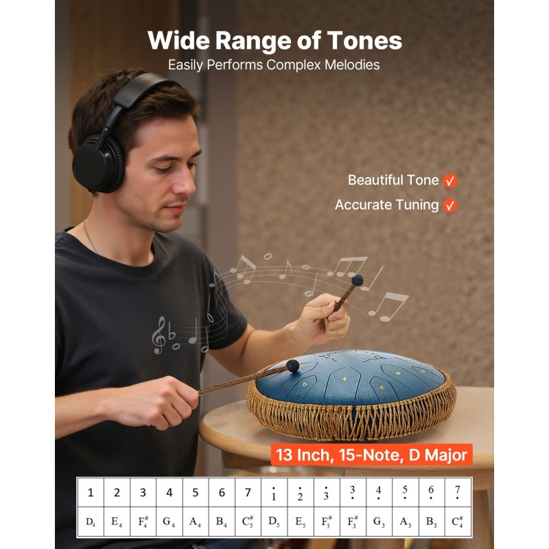 Teräksinen kielirumpu 33 cm 15 säveltä D-duuri tummansininen meditaatioon