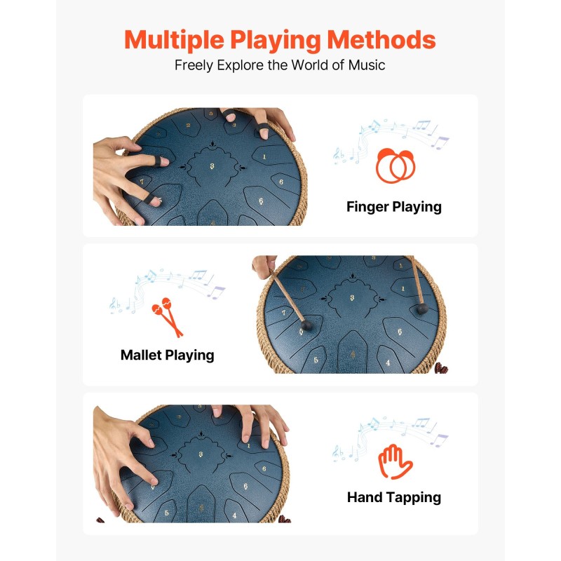 Teräksinen kielirumpu 33 cm 15 säveltä D-duuri tummansininen meditaatioon