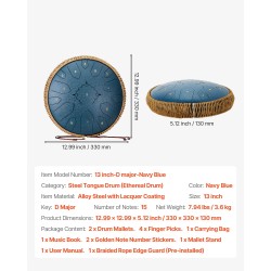 Teräksinen kielirumpu 33 cm 15 säveltä D-duuri tummansininen meditaatioon