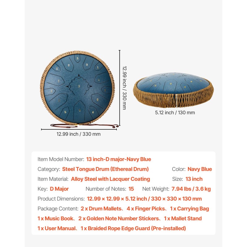 Teräksinen kielirumpu 33 cm 15 säveltä D-duuri tummansininen meditaatioon