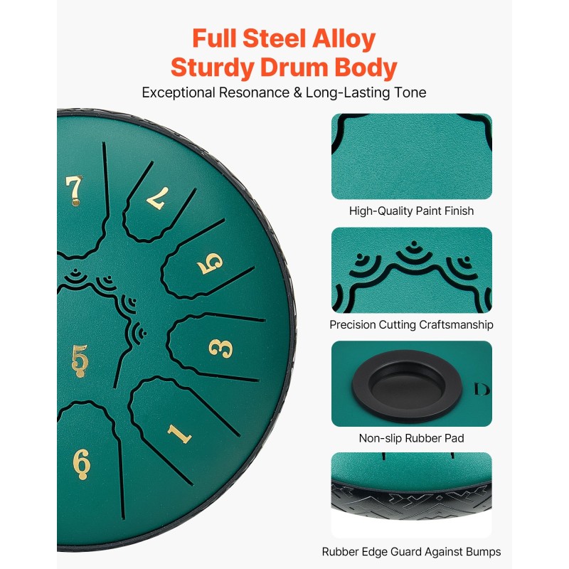 Teräskielirumpu terässeosta 6-tuumainen 11-kielinen D-duuri vihreä meditaatioon ja joogaan
