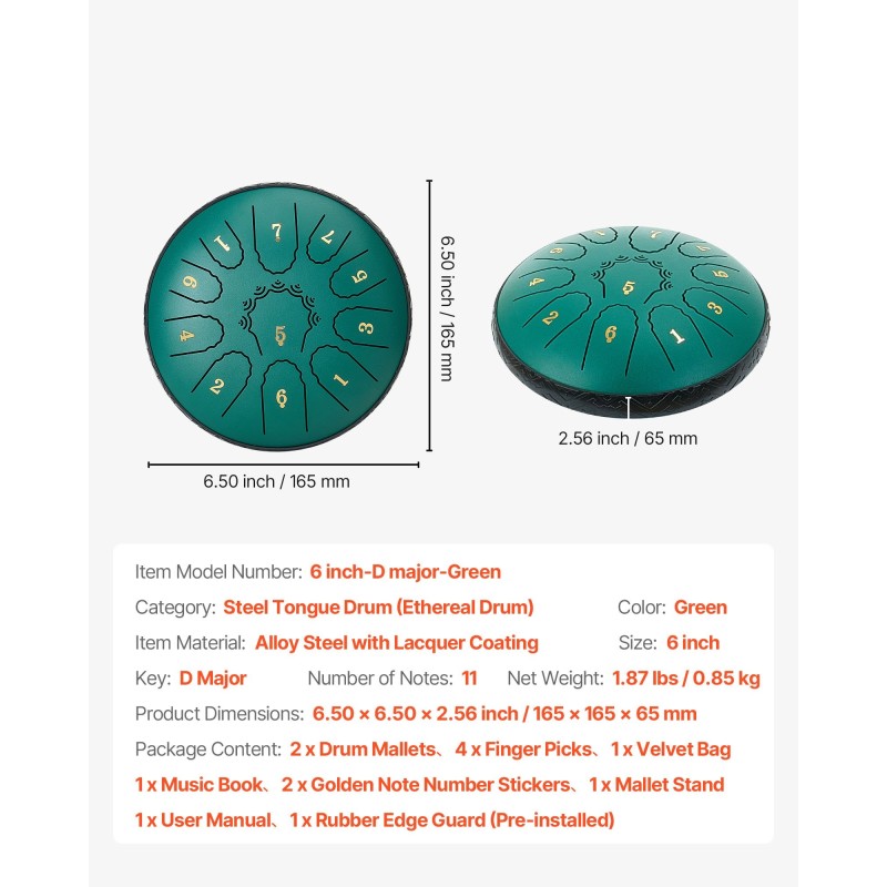 Teräskielirumpu terässeosta 6-tuumainen 11-kielinen D-duuri vihreä meditaatioon ja joogaan