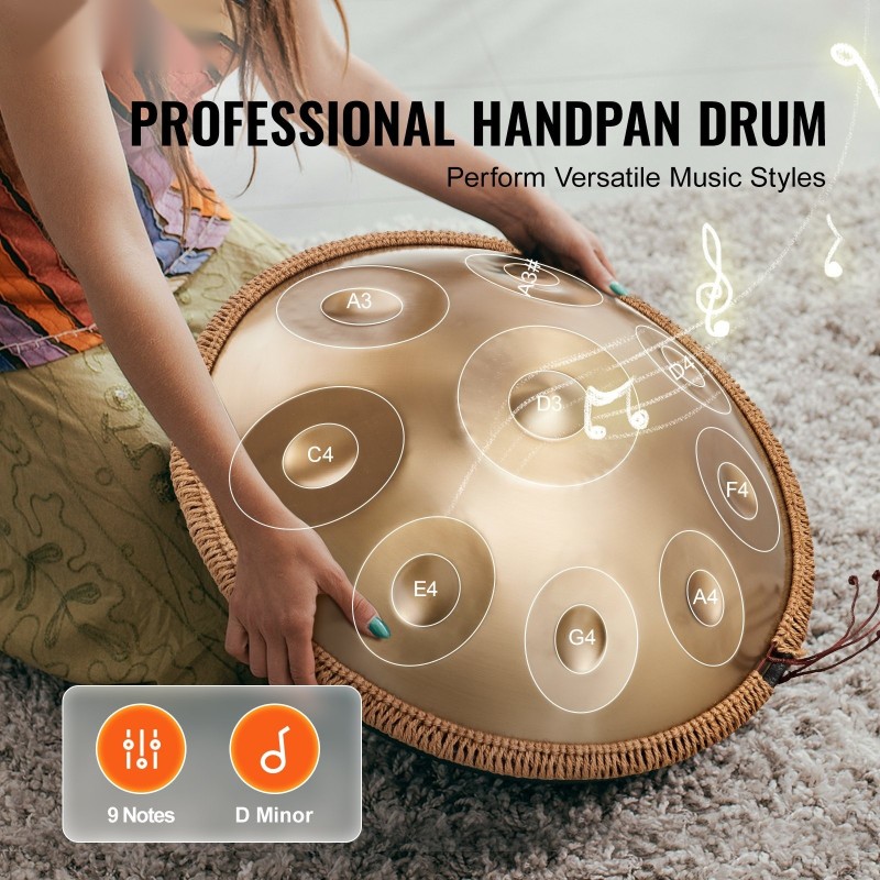 Handpan-rumpu hiiliteräs 55,9 cm 9 säveltä D-molli kullanvärinen nuijapari