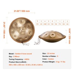 Handpan-rumpu hiiliteräs 55,9 cm 9 säveltä D-molli kullanvärinen nuijapari