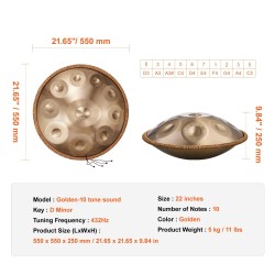 Handpan-rumpu hiiliteräs 22 tuumaa 10 säveltä D-molli 432 Hz