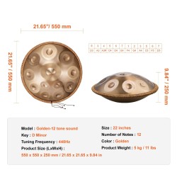 Handpan-rumpu hiiliteräs 55,9 cm 12 säveltä D-molli kultainen