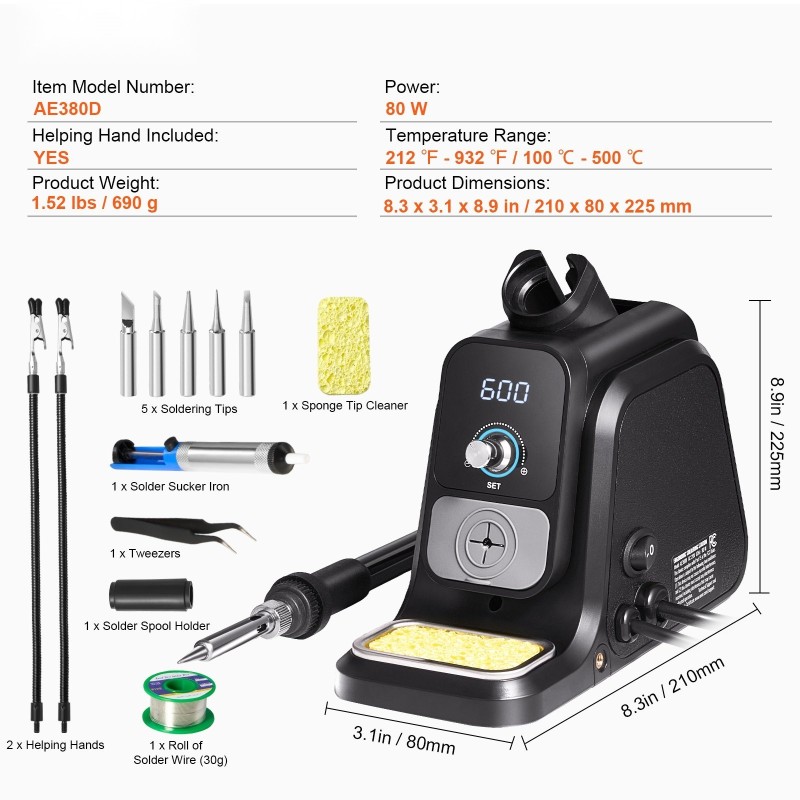 Juotosasema 80 wattia digitaalinäytöllä säädettävä 100–500 °C viisi juotinkärkeä kaksi apukättä