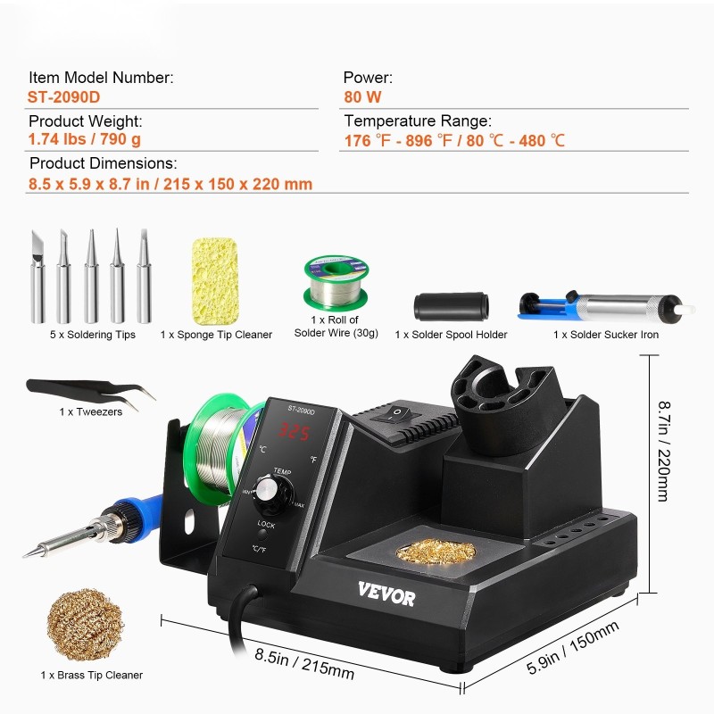 Juotosasema 80 wattia säädettävällä 80–480 °C lämpöalueella LED-näytöllä ja 5 juotinkärjellä