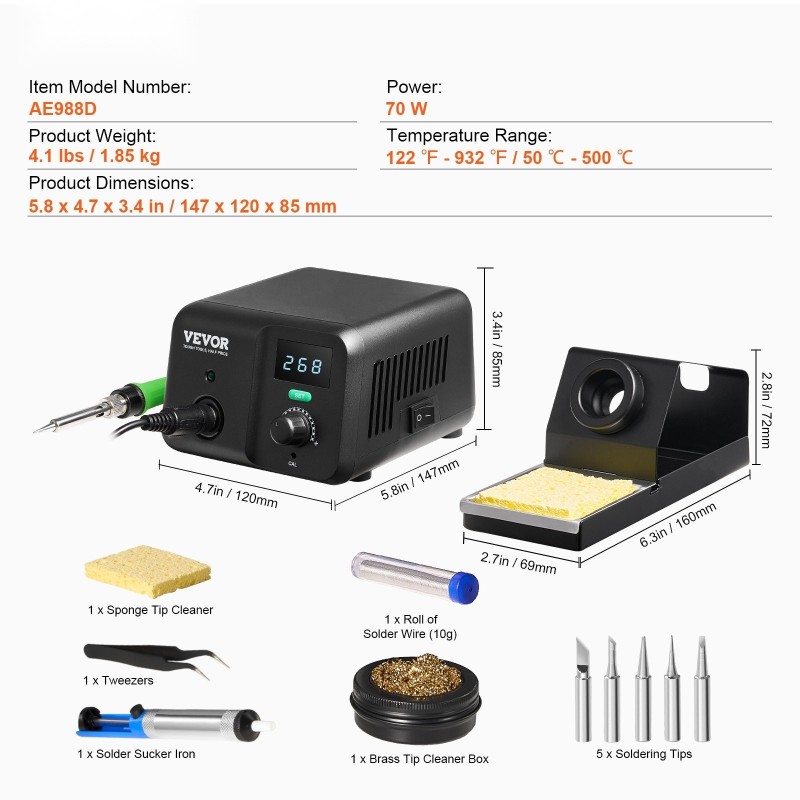 Juotosasema 70W digitaalinen 50–500°C sisäänrakennettu muuntaja 5 juotinkärkeä lyijytön juote pinsetit