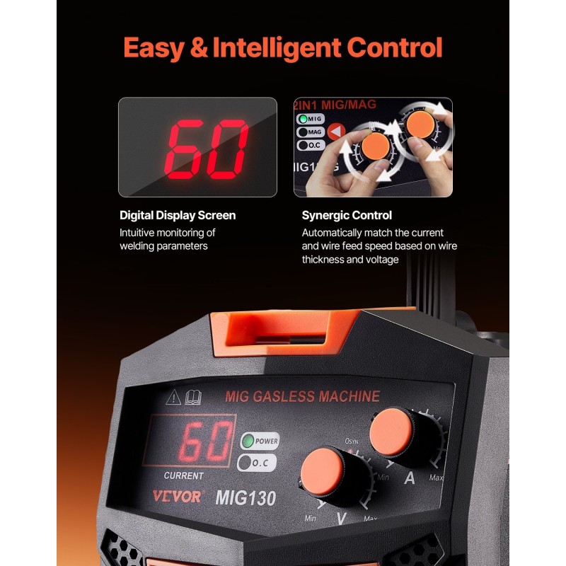 MIG-hitsauskone 130 A kaasuton täytelanka synergiatoiminto IGBT invertteritekniikka digitaalinen näyttö