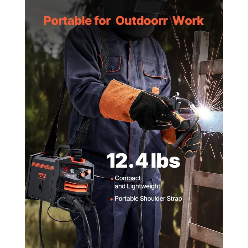 MIG-hitsauskone 130 A kaasuton täytelanka synergiatoiminto IGBT invertteritekniikka digitaalinen näyttö