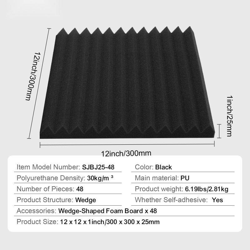 Akustiikkavaahtopaneelit 48 kpl 300 x 300 x 25 mm polyuretaanivaahto musta