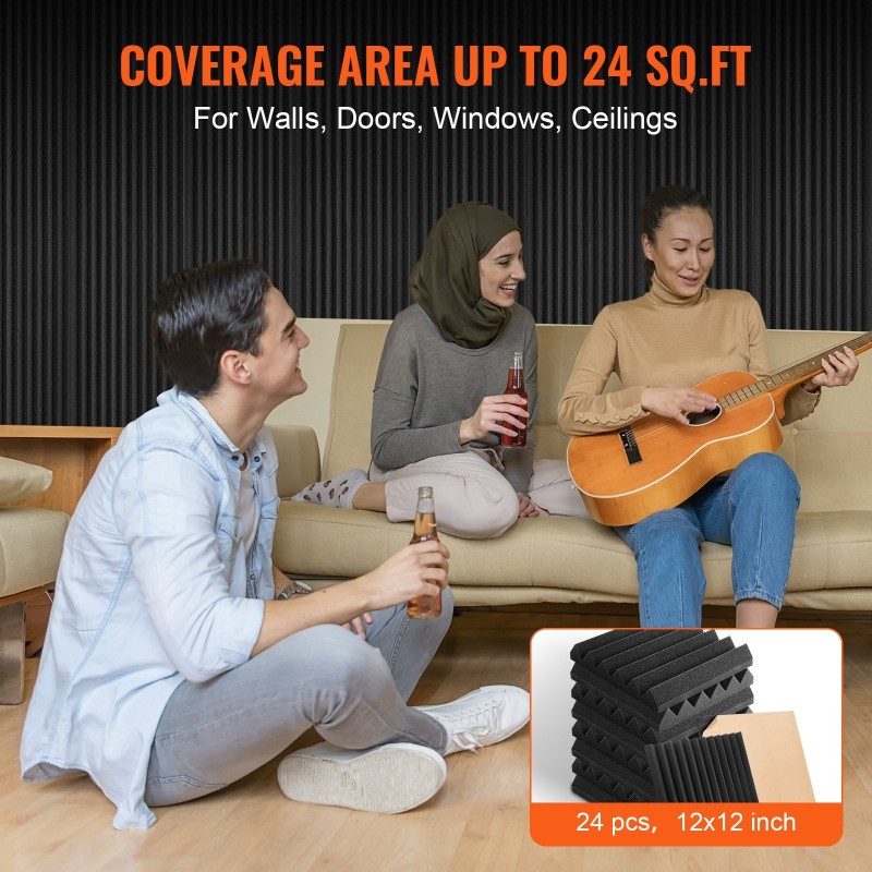 Akustiset polyuretaanivaahtopaneelit 300×300×50 mm 24 kpl itseliimautuva musta