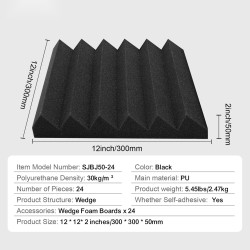 Akustiset polyuretaanivaahtopaneelit 300×300×50 mm 24 kpl itseliimautuva musta