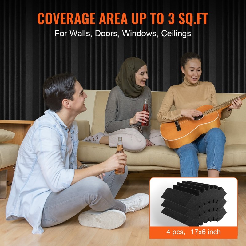 Akustiikkapaneelit korkeatiheyksinen polyuretaanivaahto 420x160x300 mm 4 kpl itseliimautuva musta