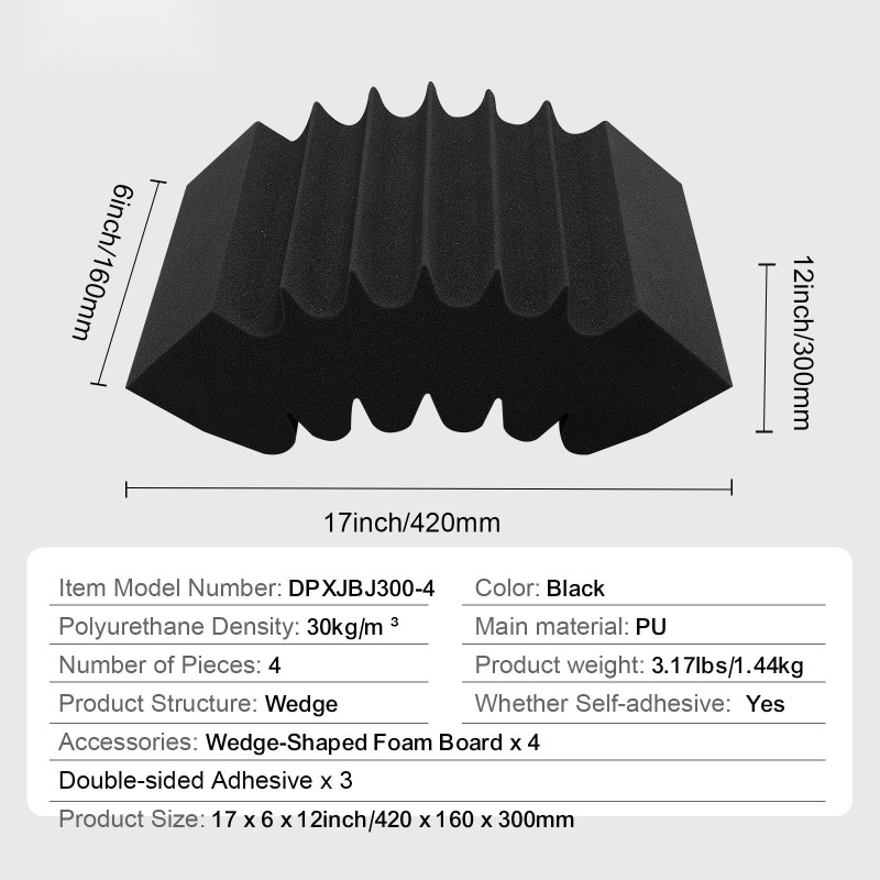 Akustiikkapaneelit korkeatiheyksinen polyuretaanivaahto 420x160x300 mm 4 kpl itseliimautuva musta