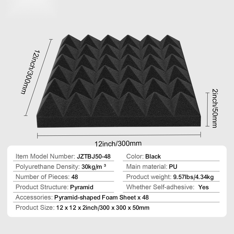 Akustiset polyuretaanivaahtopaneelit 48 kpl 300x300x50mm pyramidikuvioiset itsekiinnittyvät mustat