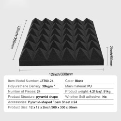 Akustiikkavaahtopaneelit polyuretaanivaahto 300×300×50 mm 24 kpl pyramidipintaiset mustat tulenkestävät