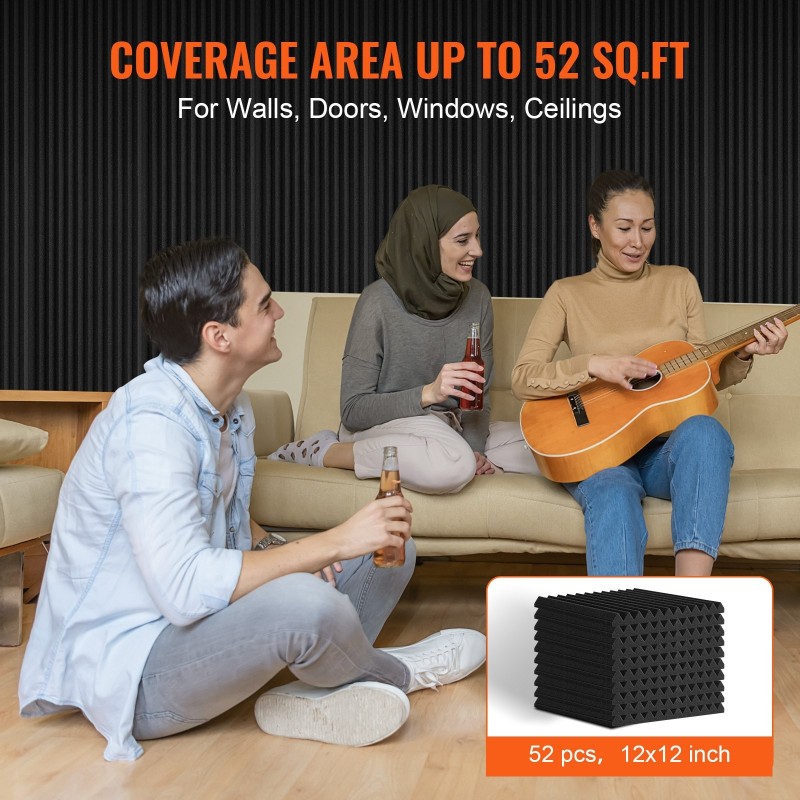 Akustiset korkeatiheyksiset polyuretaanivaahtopaneelit 52 kpl 300x300x25 mm musta paloa hidastava