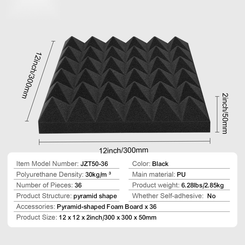 Akustiikkavaahtopaneelit polyuretaani 300 x 300 x 50 mm 36 kpl pyramidimalli musta