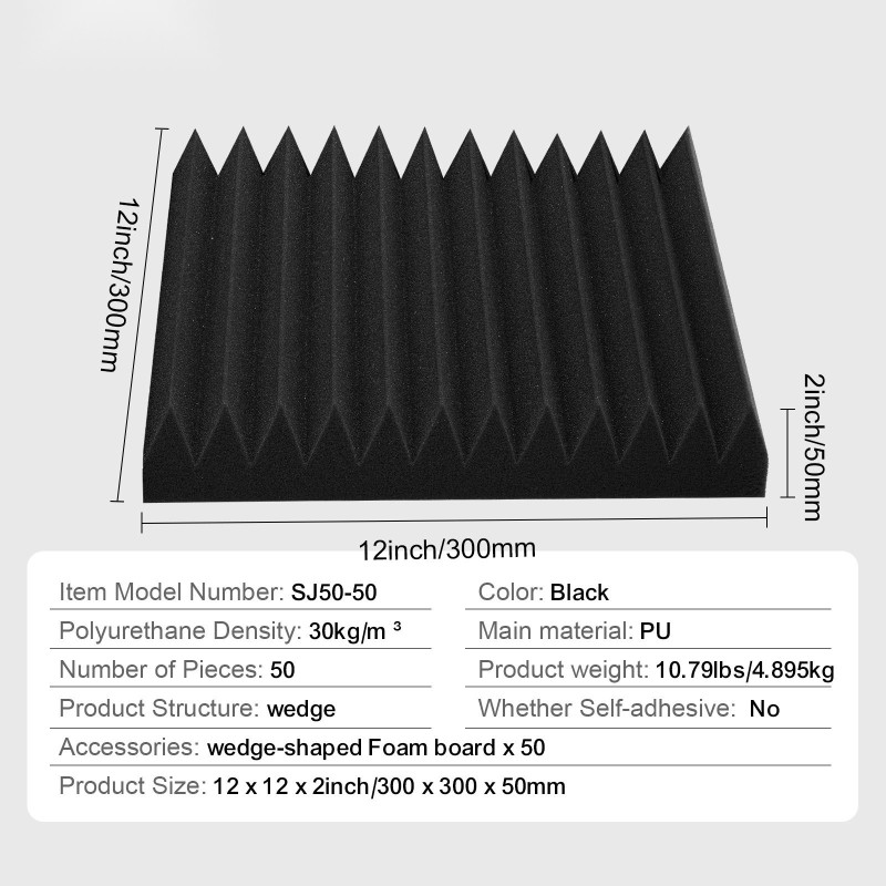 Akustiset vaahtopaneelit polyuretaanivaahto 300 x 300 x 50 mm 50 kpl musta