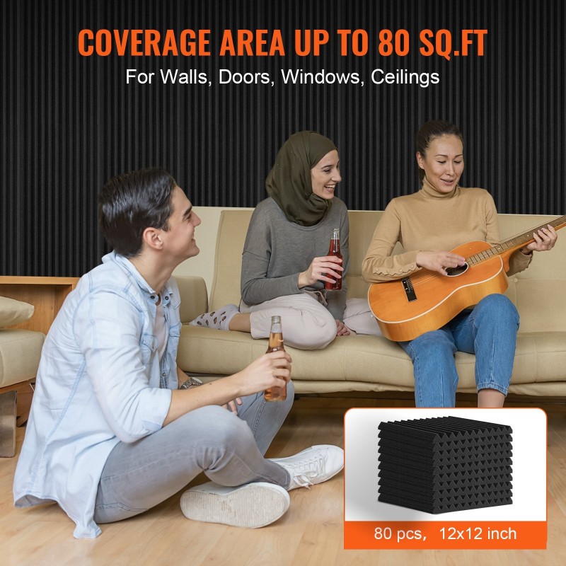 Akustiikkavaahtopaneelit polyuretaani koko 300×300×25 mm 80 kpl mustat