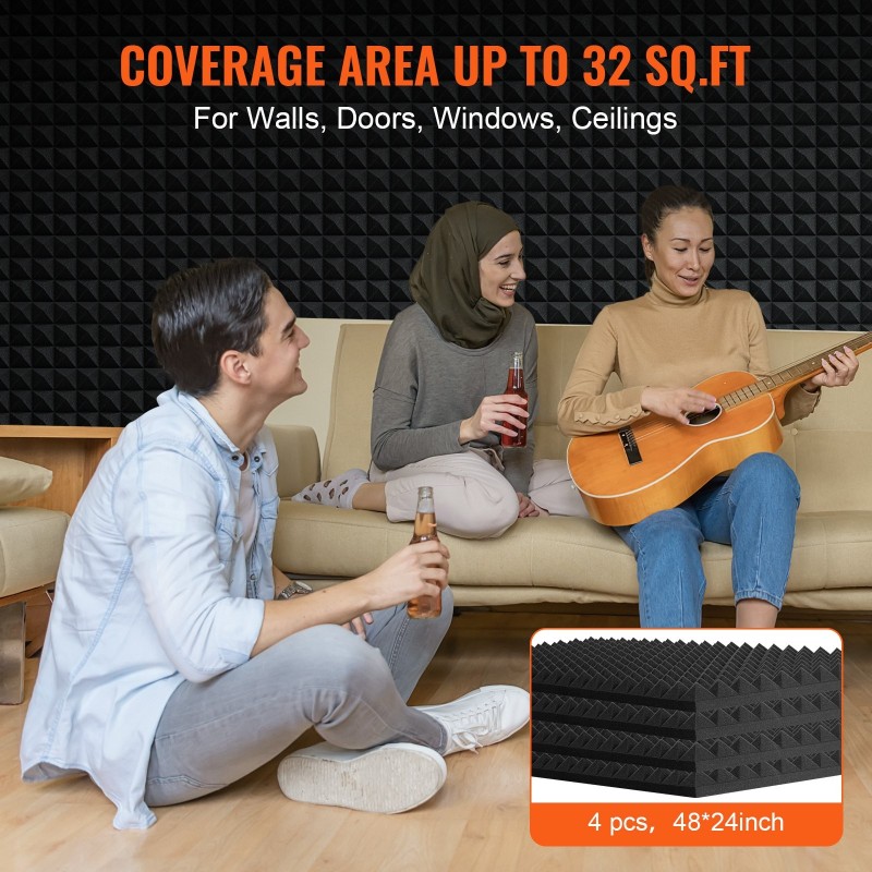 Akustinen polyuretaanivaahtopaneeli 1200x600x50 mm 4 kpl pyramidikuvioitu musta