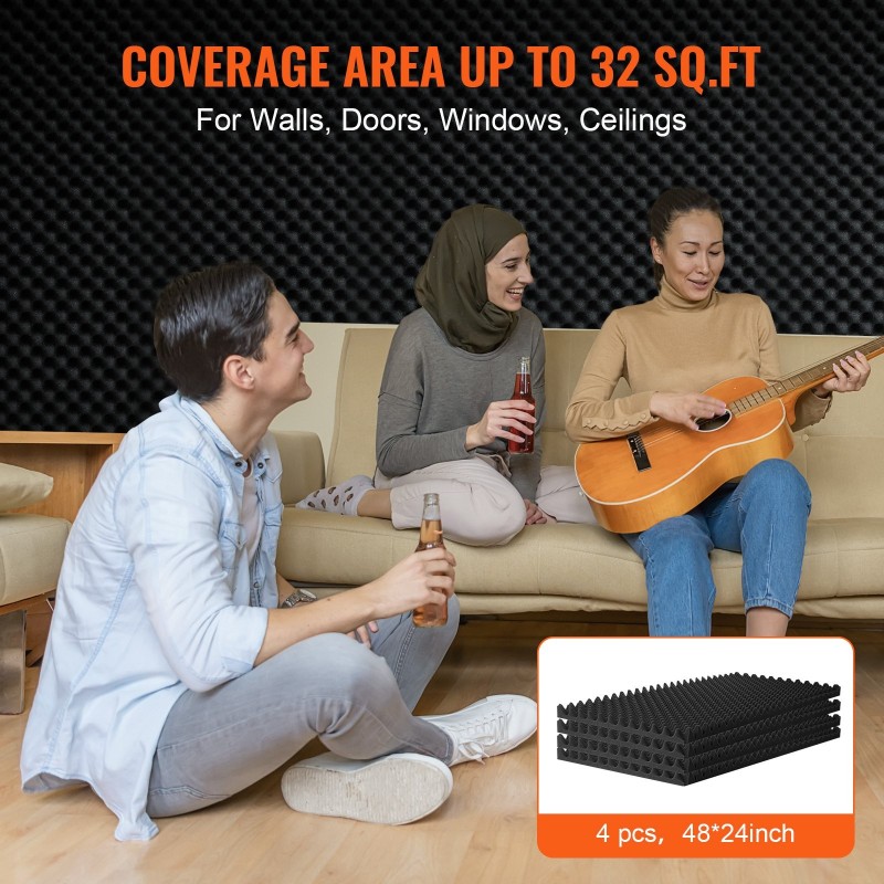 Akustinen munakennoinen polyuretaanivaahtopaneeli 1200×600×50 mm 4 kpl musta seinä- ja kattokäyttöön