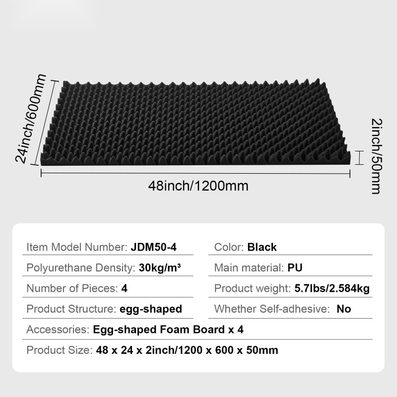 Akustinen munakennoinen polyuretaanivaahtopaneeli 1200×600×50 mm 4 kpl musta seinä- ja kattokäyttöön