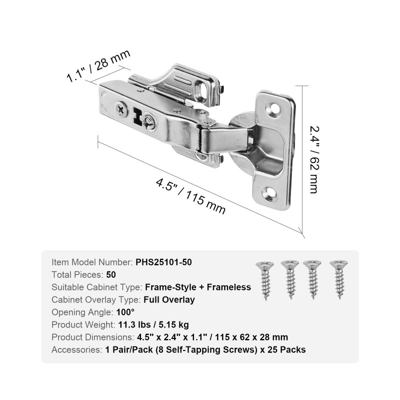 Kaapin saranat ruostumatonta terästä 50 kpl täyspeittävät 100 asteen pehmeästi sulkeutuvat