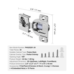 Kaappisaranat ruostumaton teräs 30 kpl osittainen peiteovi kehyskaappeihin 105 asteen pehmeä sulkeutuminen