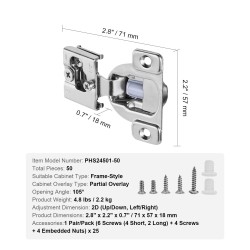 Kaapin saranat ruostumatonta terästä 50 kpl osittain peittävä vaimennettu 105 asteen avaus