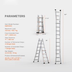 Teleskooppitikas A-kehikkoinen alumiinirunko säädettävä kokoon taitettava 4 m 149,7 kg