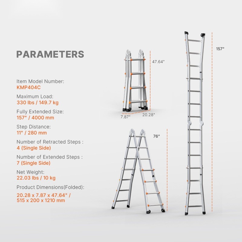 Teleskooppitikas A-kehikkoinen alumiinirunko säädettävä kokoon taitettava 4 m 149,7 kg