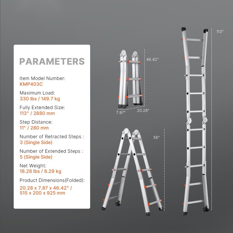 A-malliset teleskooppitikkaat alumiiniseosta täysin pidennetty 2880 mm 149,7 kg kantavuus