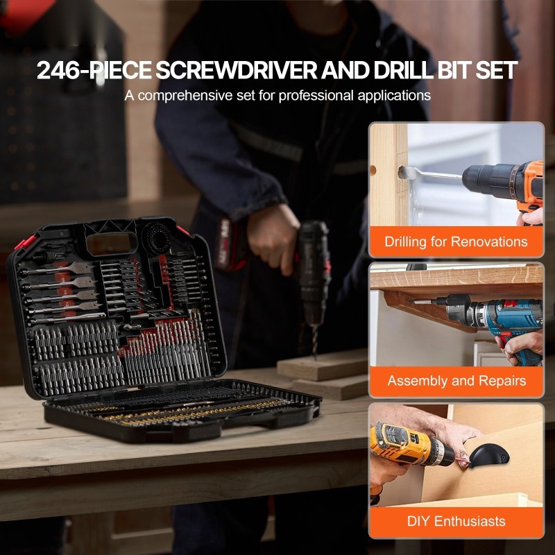 Poranterä ja ruuvikärkisarja 246-osainen puulle metallille muoville betonille lukittavalla kotelolla