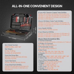 Poranterä ja ruuvikärkisarja 246-osainen puulle metallille muoville betonille lukittavalla kotelolla