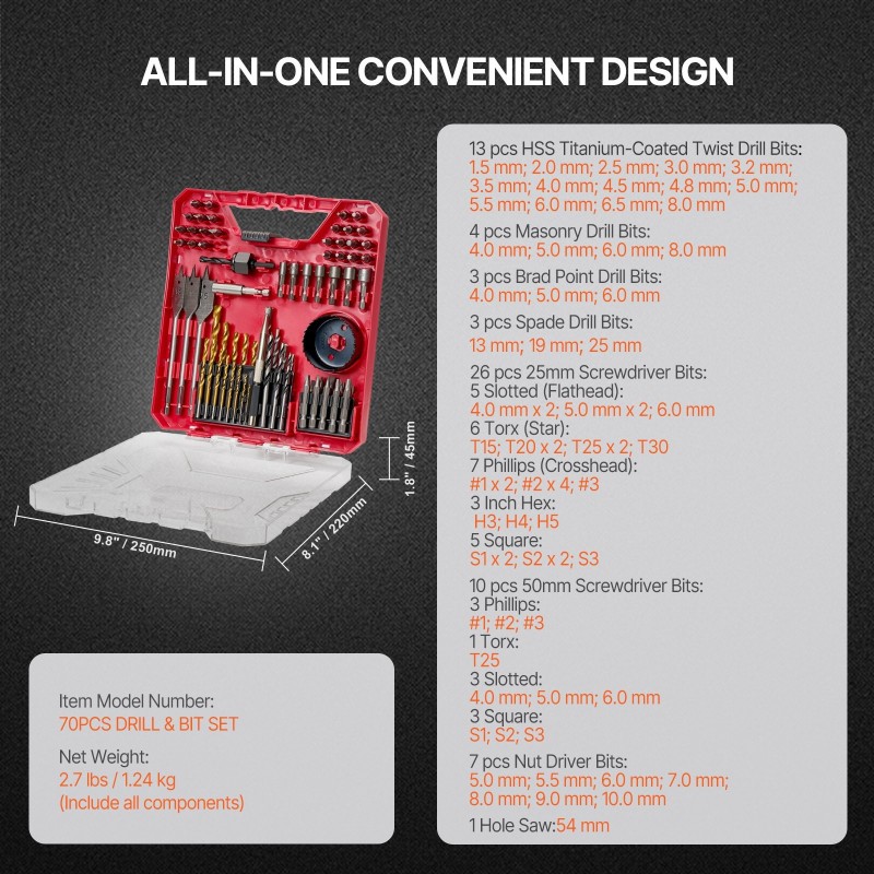 70-osainen pora- ja ruuvikärkisarja puu metalli betoni CR-V-ruuvikärjet kantolaukku