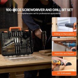 100-osainen poranterä- ja ruuvauskärkisarja CR-V-teräksisillä kärjillä puu metalli muovi sementti