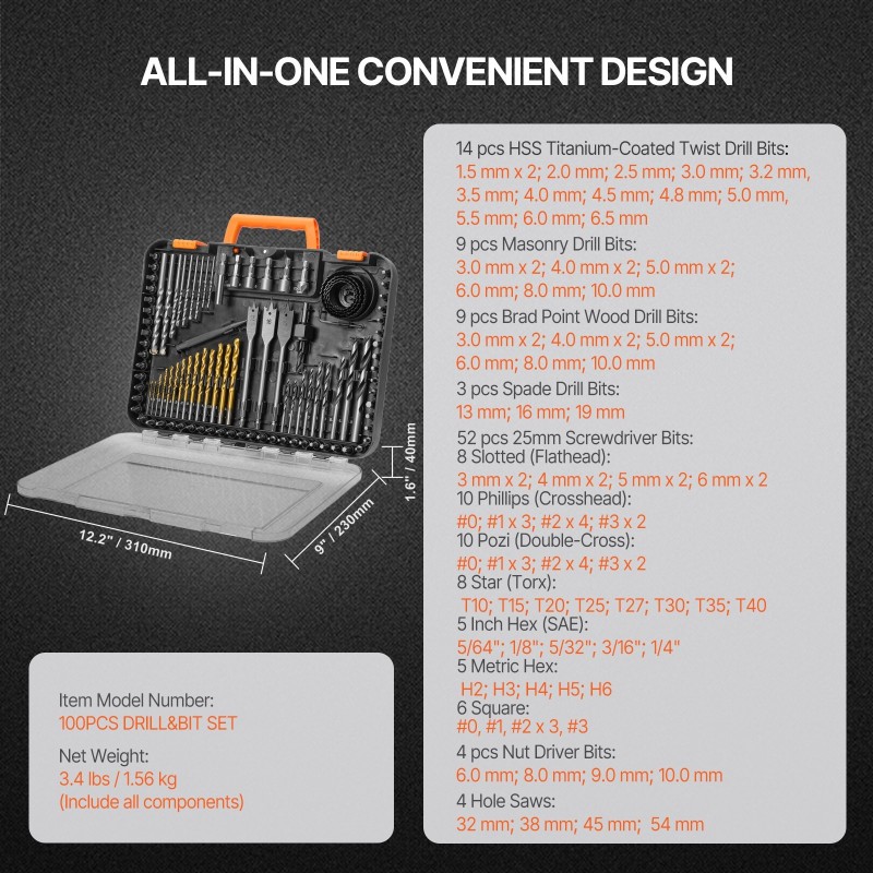 100-osainen poranterä- ja ruuvauskärkisarja CR-V-teräksisillä kärjillä puu metalli muovi sementti