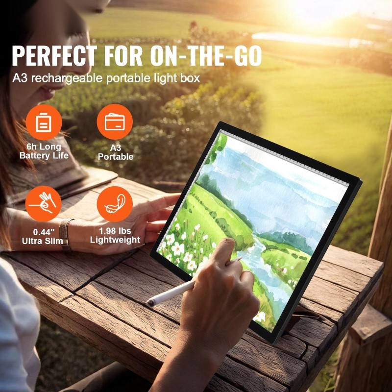 Ladattava A3-valopöytä 2500 mAh akulla ohut kevyt musta 6 kirkkaustasoa