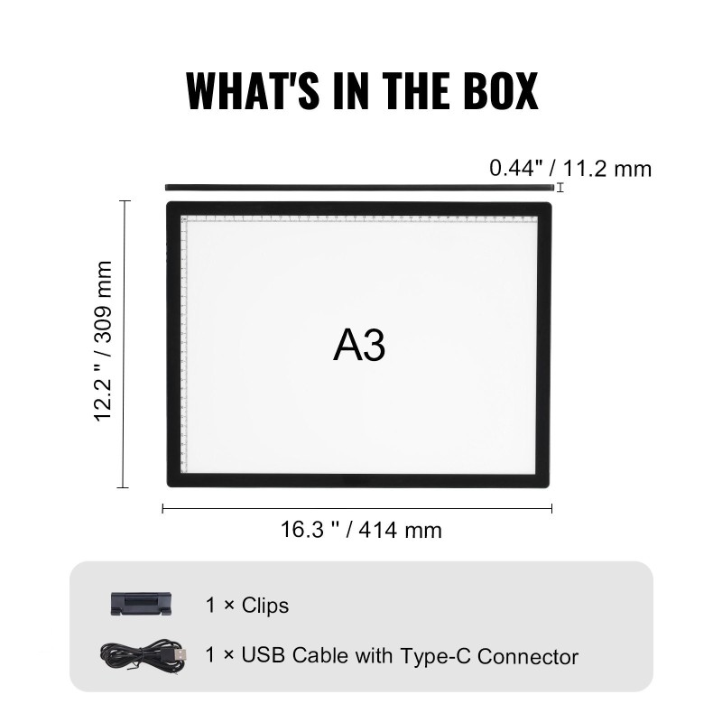 Ladattava A3-valopöytä 2500 mAh akulla ohut kevyt musta 6 kirkkaustasoa