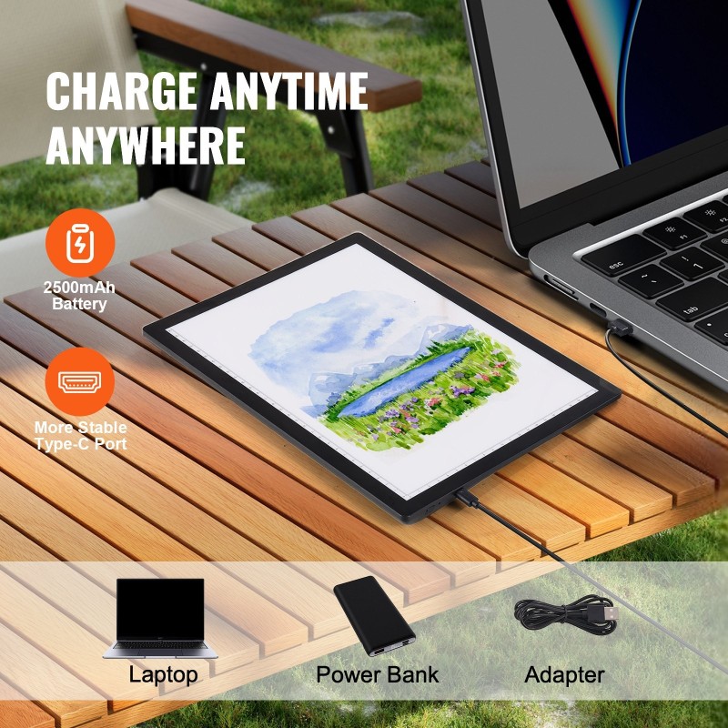 LED-valopöytä A4-kokoinen ladattava 2500mAh Type-C-portti 5-tasoinen kirkkaussäätö musta