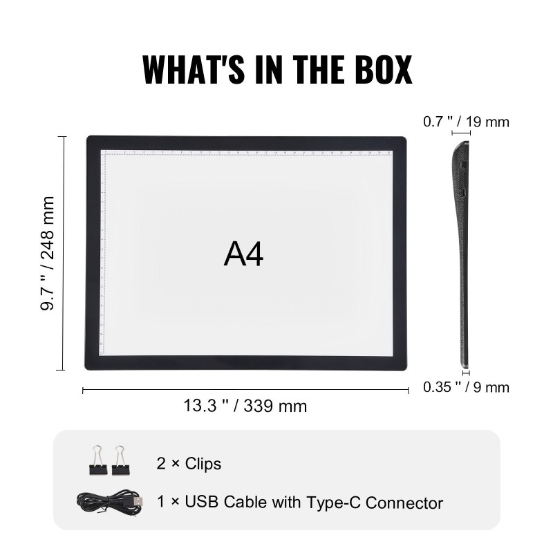 LED-valopöytä A4-kokoinen ladattava 2500mAh Type-C-portti 5-tasoinen kirkkaussäätö musta