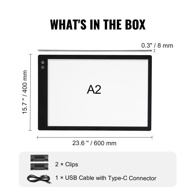 Ladattava A2-kokoinen LED-valopöytä 5200mAh 8 mm ohut musta sisäänrakenteisella ruudukolla