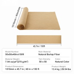 Juuttisäkkikangasrulla 100% juutti 1016 mm x 45,7 m 50 x 50 kudos