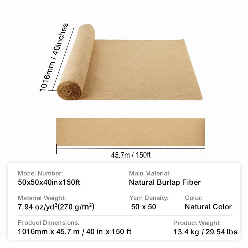 Juuttisäkkikangasrulla 100% juutti 1016 mm x 45,7 m 50 x 50 kudos