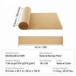 Juuttikangasrulla 914 millimetriä 45,7 metriä luonnollinen juutti 50 kertaa 50 kudos