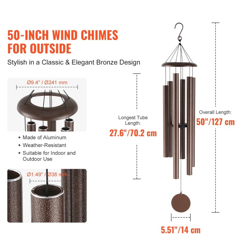 Tuulikello 1270 mm 6 alumiiniputkea kuparinsävyinen ulkokäyttöön