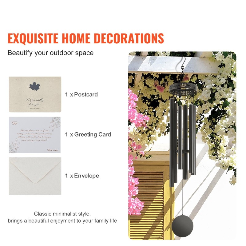 Tuulikellot alumiiniputkilla 1473 mm 6 putkea A-sävelinen musta ulkokäyttöön